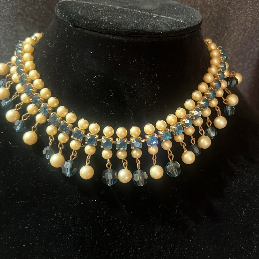 Vintage Faux Pearl And Sapphire Necklace, Earrings And Bracelet Set